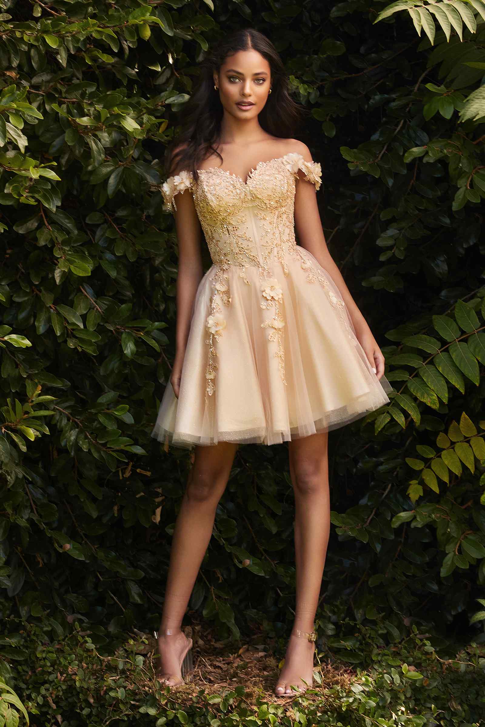 Champagne gold off-shoulder short A-line dress with lace embellishments and tulle skirt