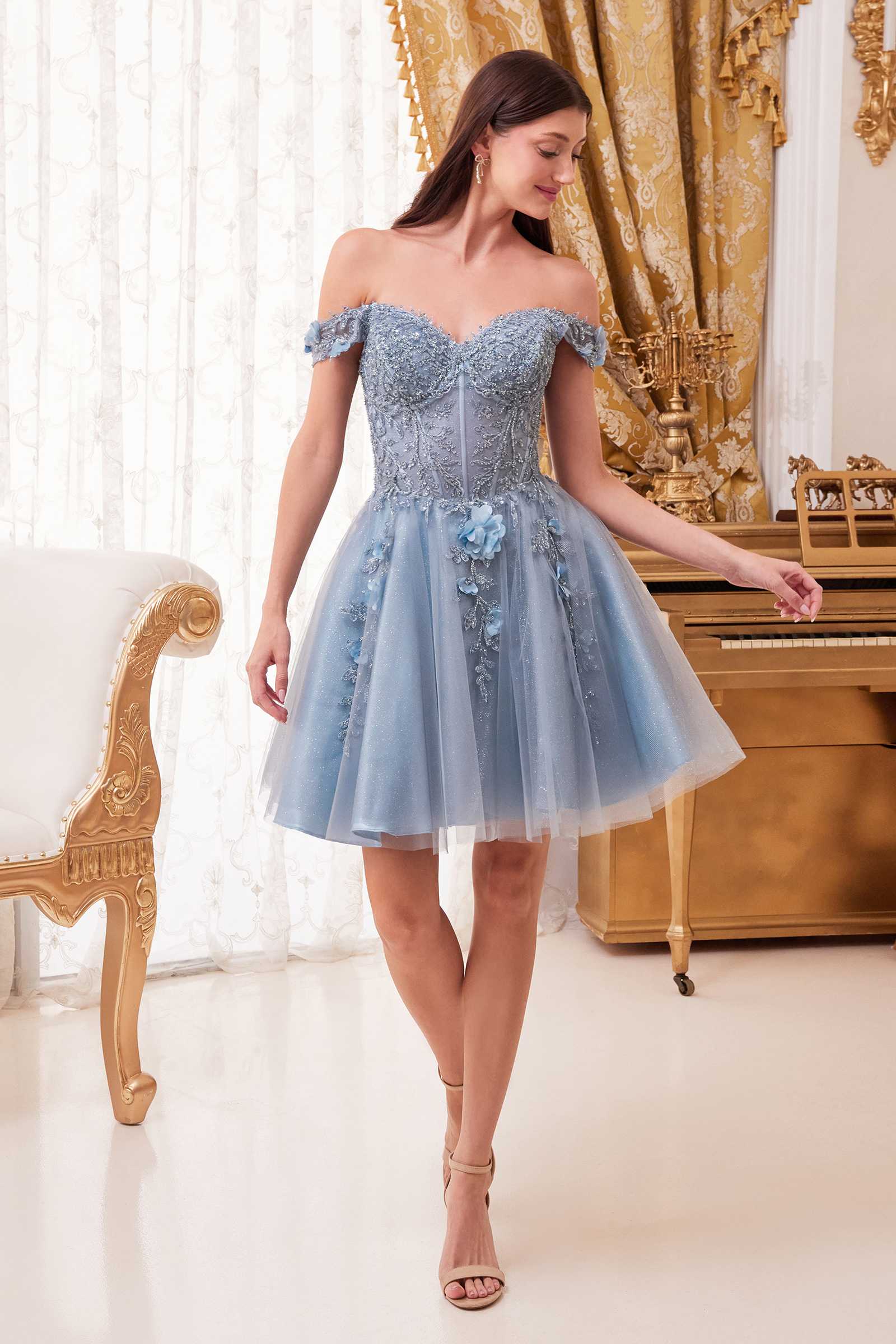 Blue off-shoulder short A-line tulle dress with fitted bodice and tulle skirt
