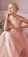 Blush tulle A-line gown with embellished V-neck bodice and floral lace details