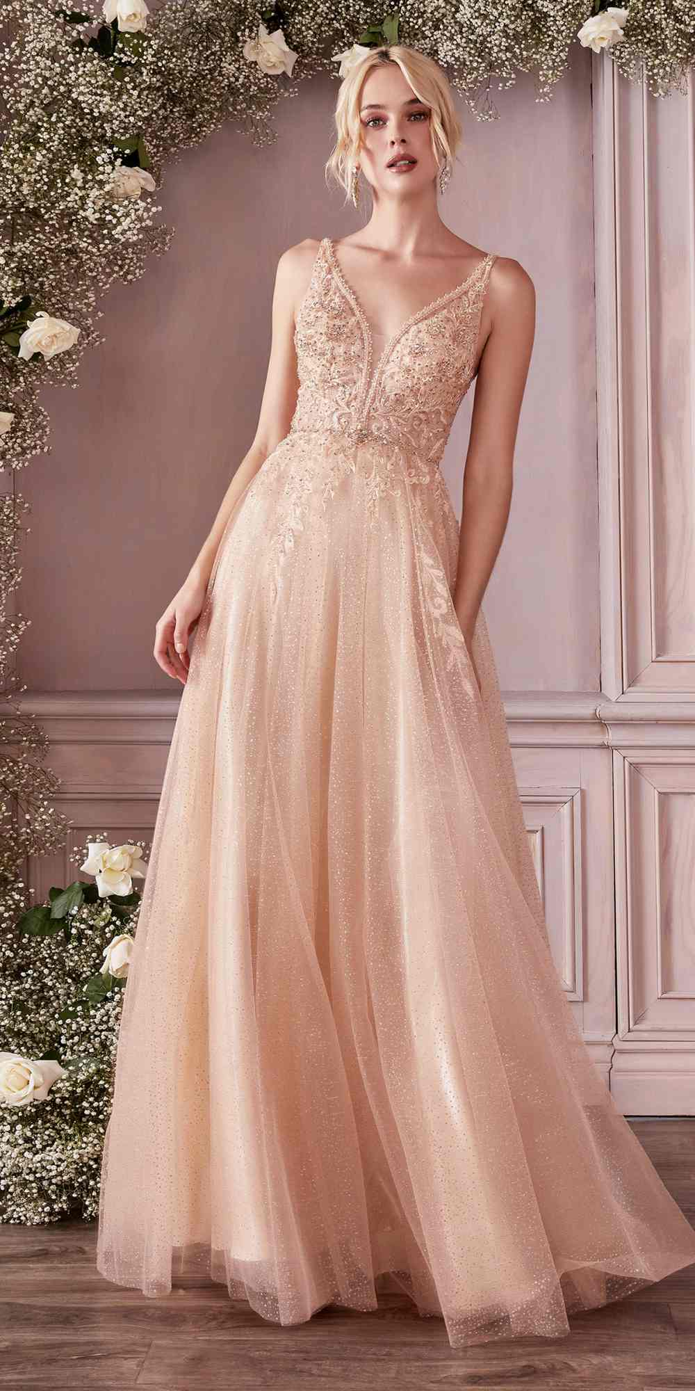 Blush layered tulle A-line gown with beaded V-neck bodice and thin straps