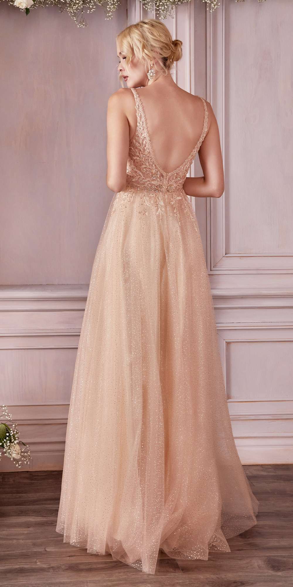 Blush layered tulle A-line gown with lace bodice, thin straps, open back