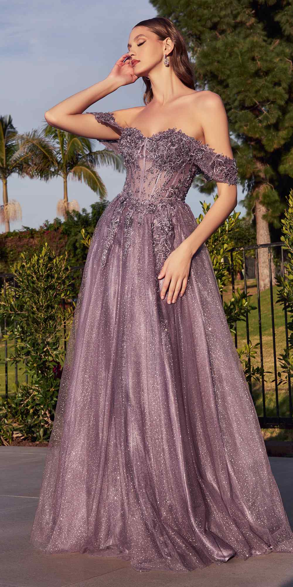 Mauve shimmer lace A-line gown with off-shoulder sleeves