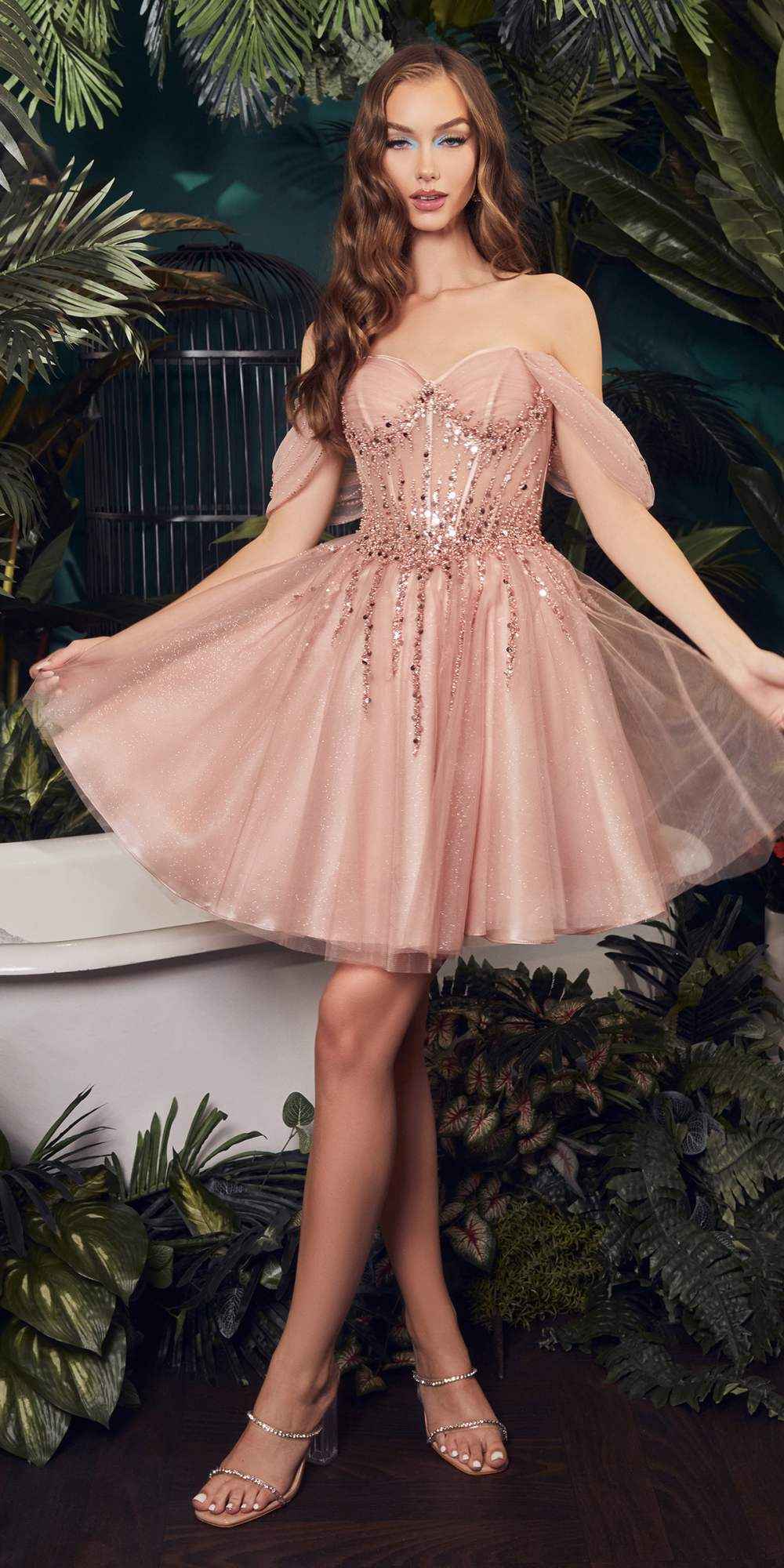 Blush off-shoulder corset bodice A-line short dress with sparkling bead embellishment