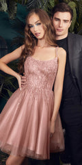 Layered tulle A-line short dress in blush pink with spaghetti straps and glitter bodice