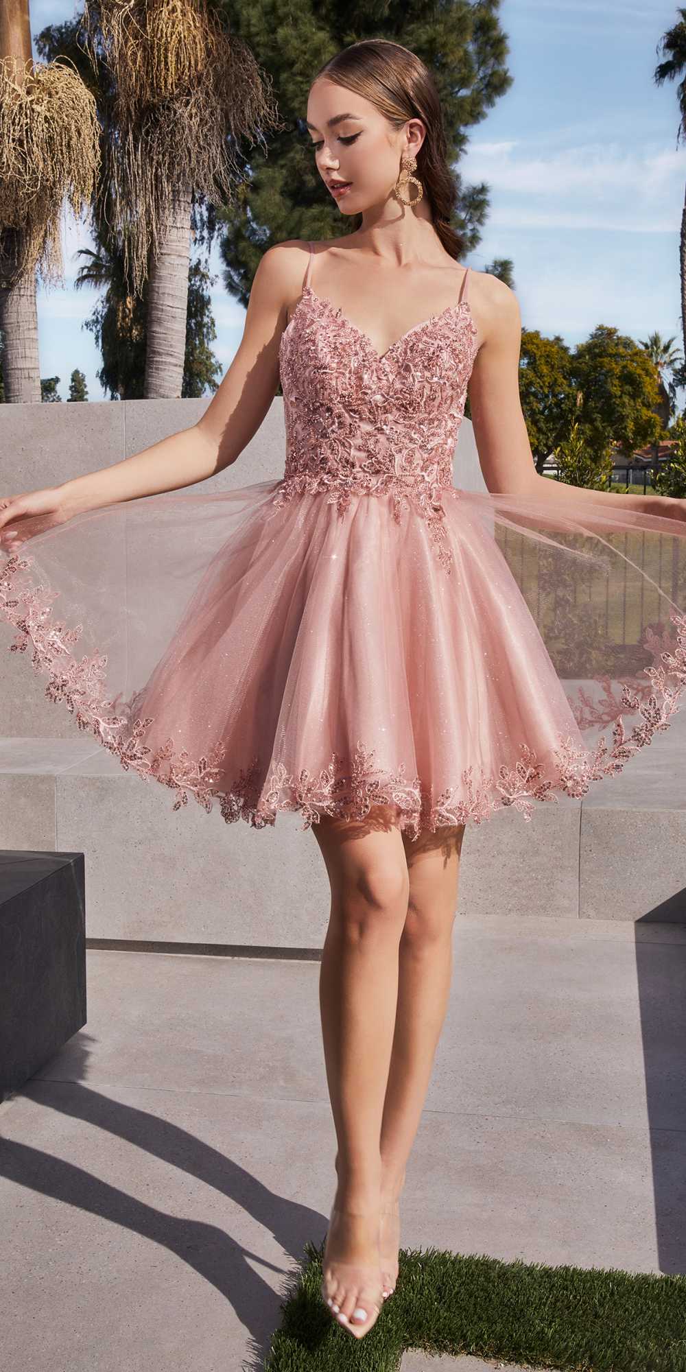 Blush glitter tulle A-line short dress with spaghetti straps