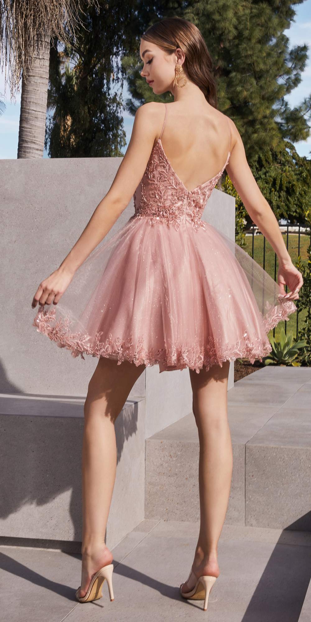 Blush glitter tulle A-line short dress with open back and spaghetti straps