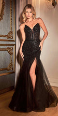 Strapless mermaid gown in black with beaded pointed cups and front slit