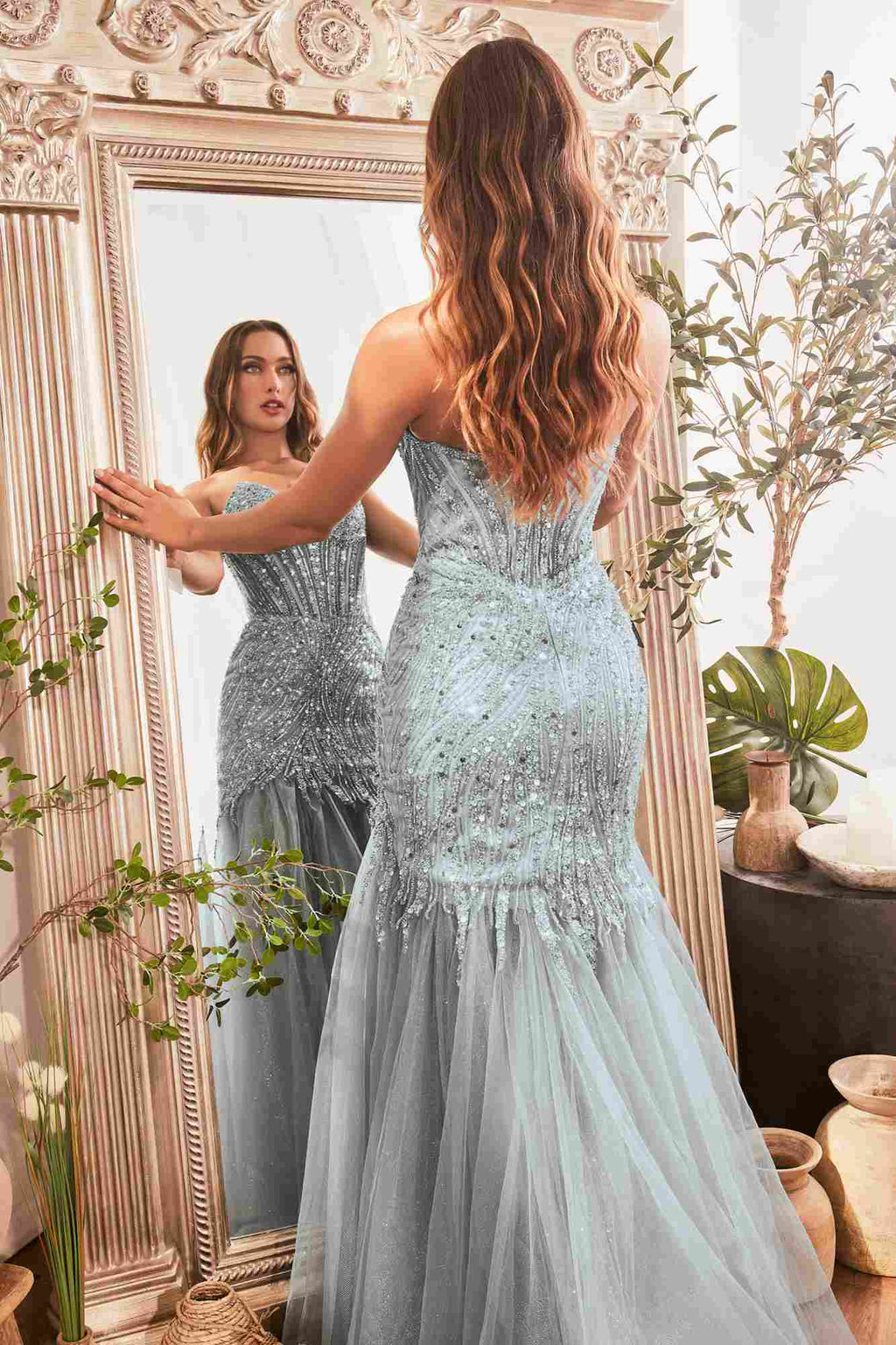 Strapless mermaid gown in light blue, beaded pointed cups and fitted sparkle bodice