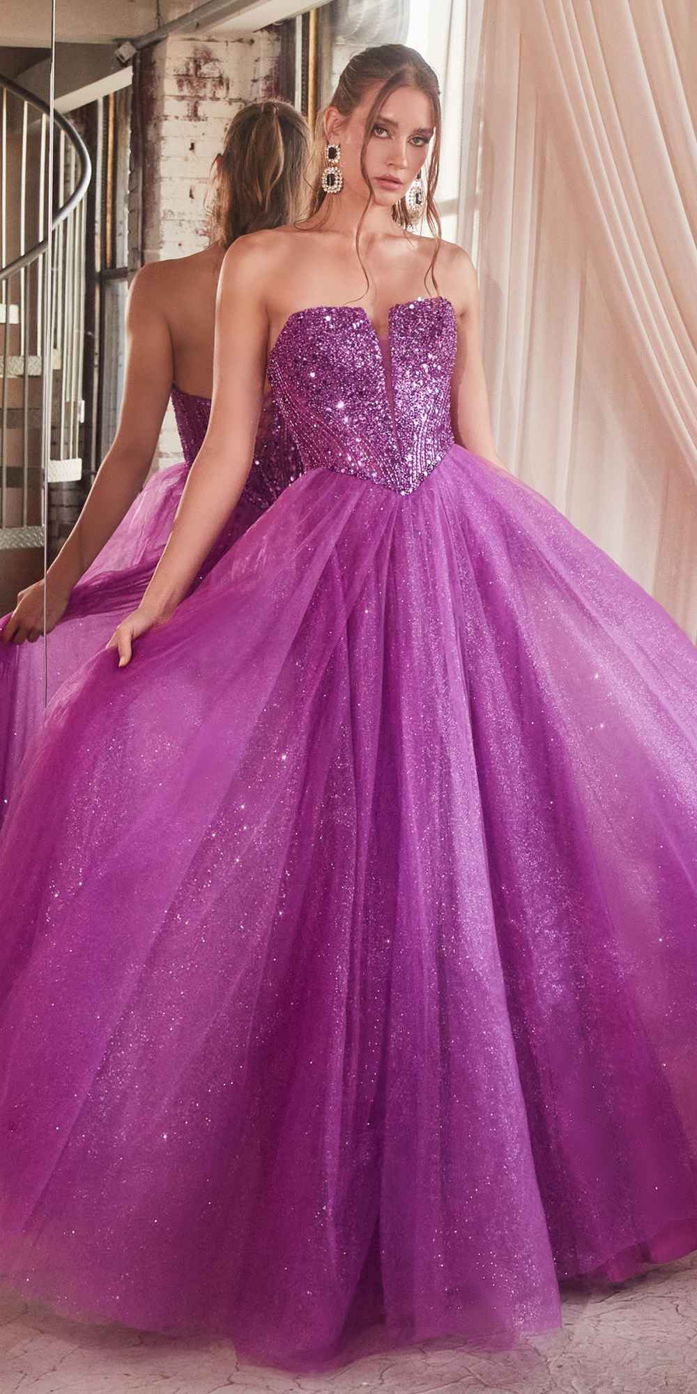 Long strapless sequin bodice dress with A-line glitter tulle skirt, purple
