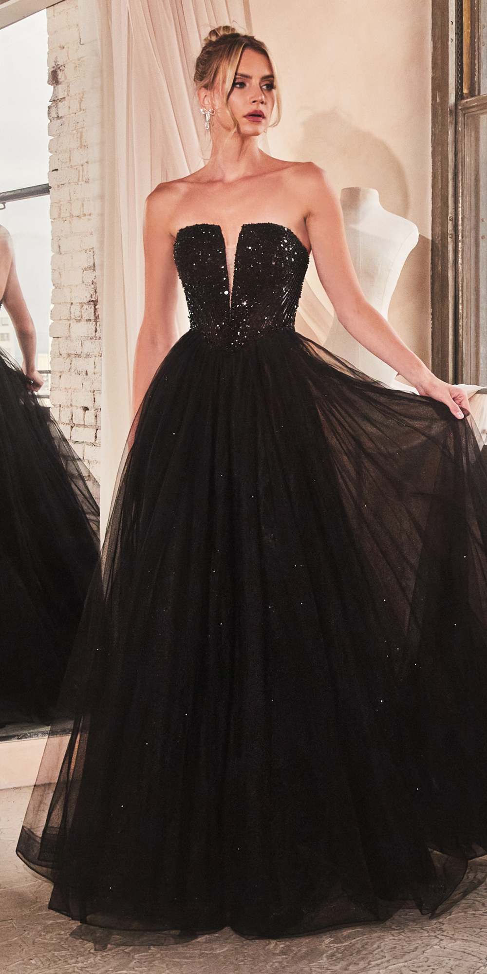 Long strapless sequin corset bodice A-line tulle skirt dress, black