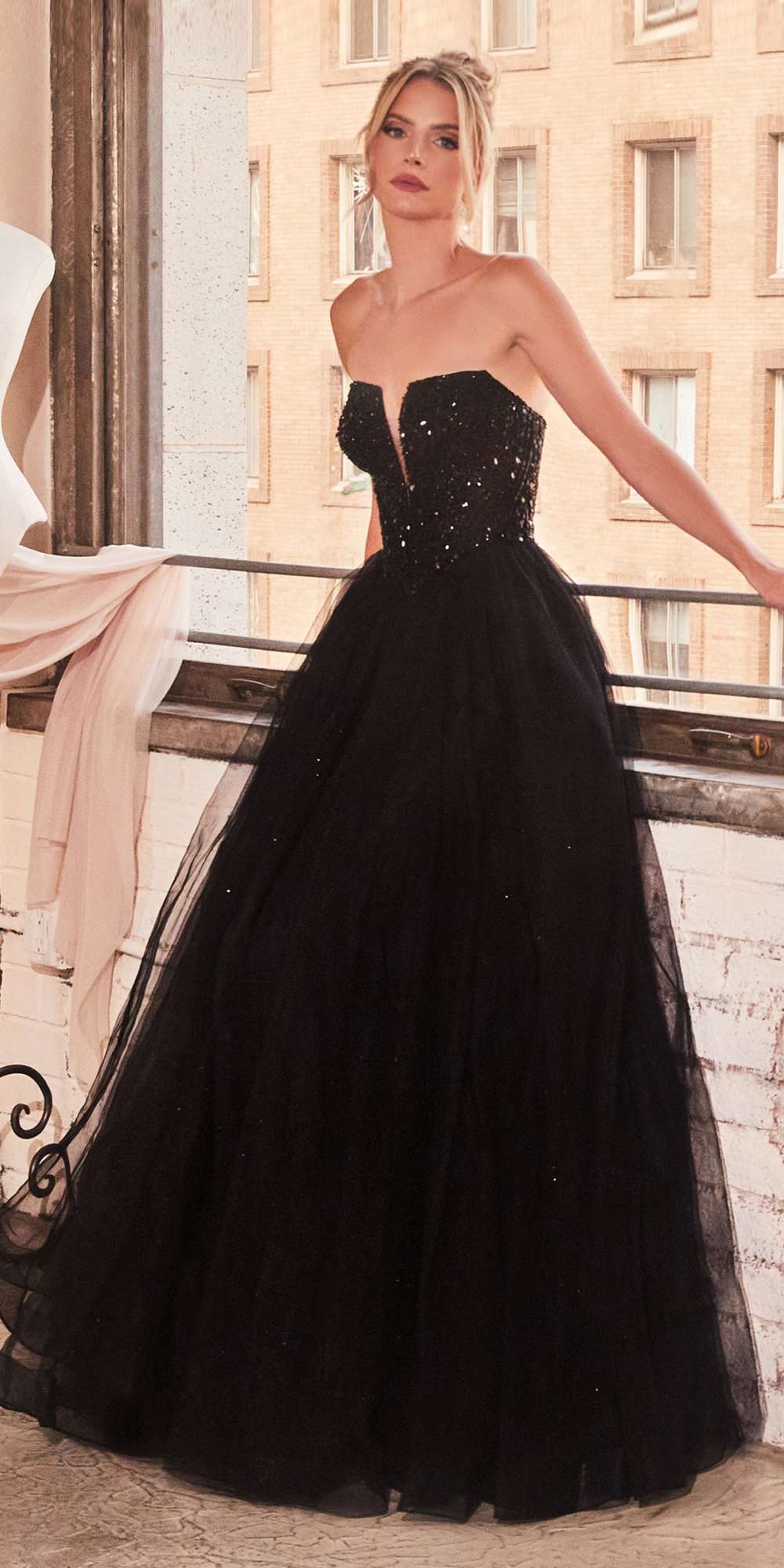 Long strapless sequin bodice A-line tulle skirt dress, black with full skirt volume
