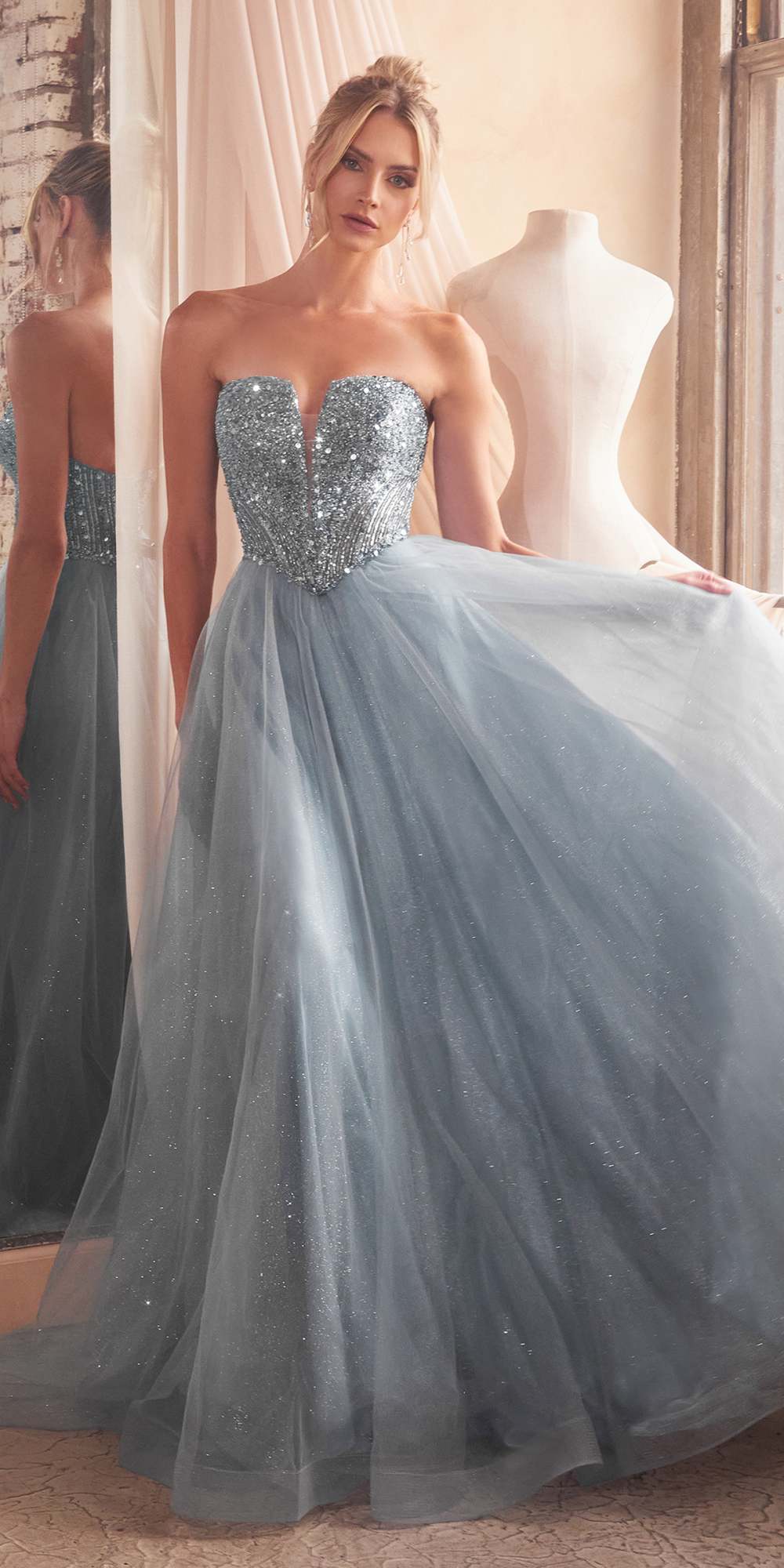 Long strapless glitter sequin bodice A-line tulle skirt dress, soft blue-gray
