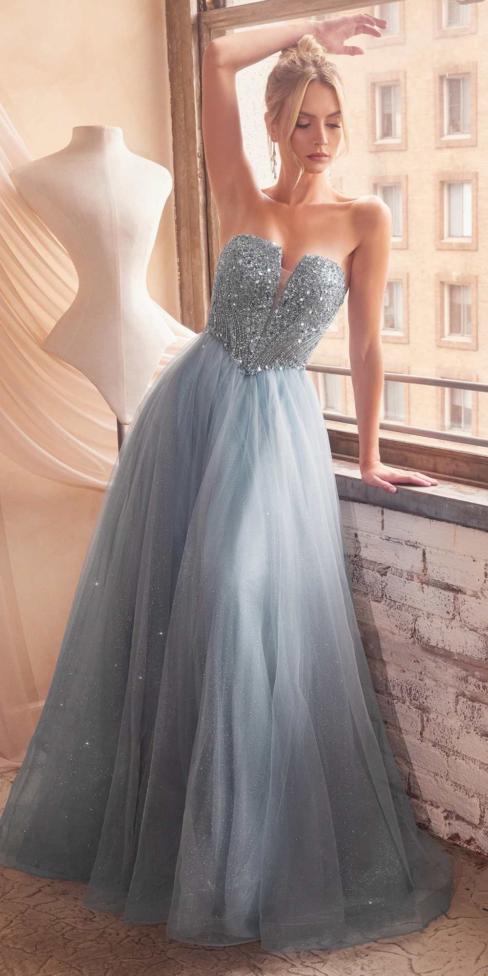 Long strapless sequin bodice tulle skirt dress, dark gray with glitter details