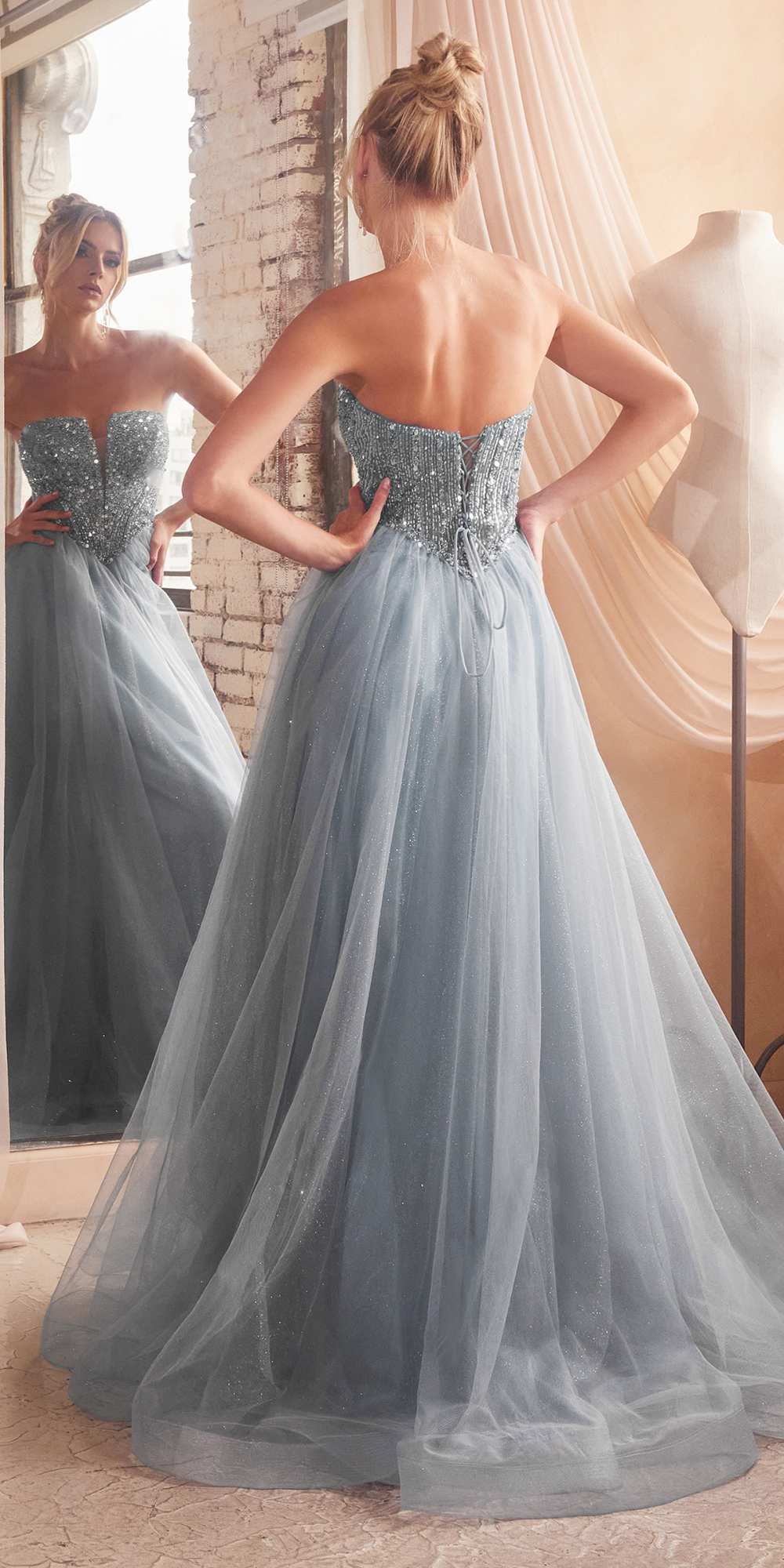 Long corset-style sequin bodice tulle skirt dress, dark gray with voluminous A-line shape