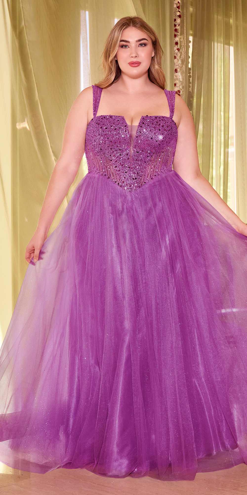 Long strapless sequin bodice A-line tulle skirt dress with sweetheart neckline, purple