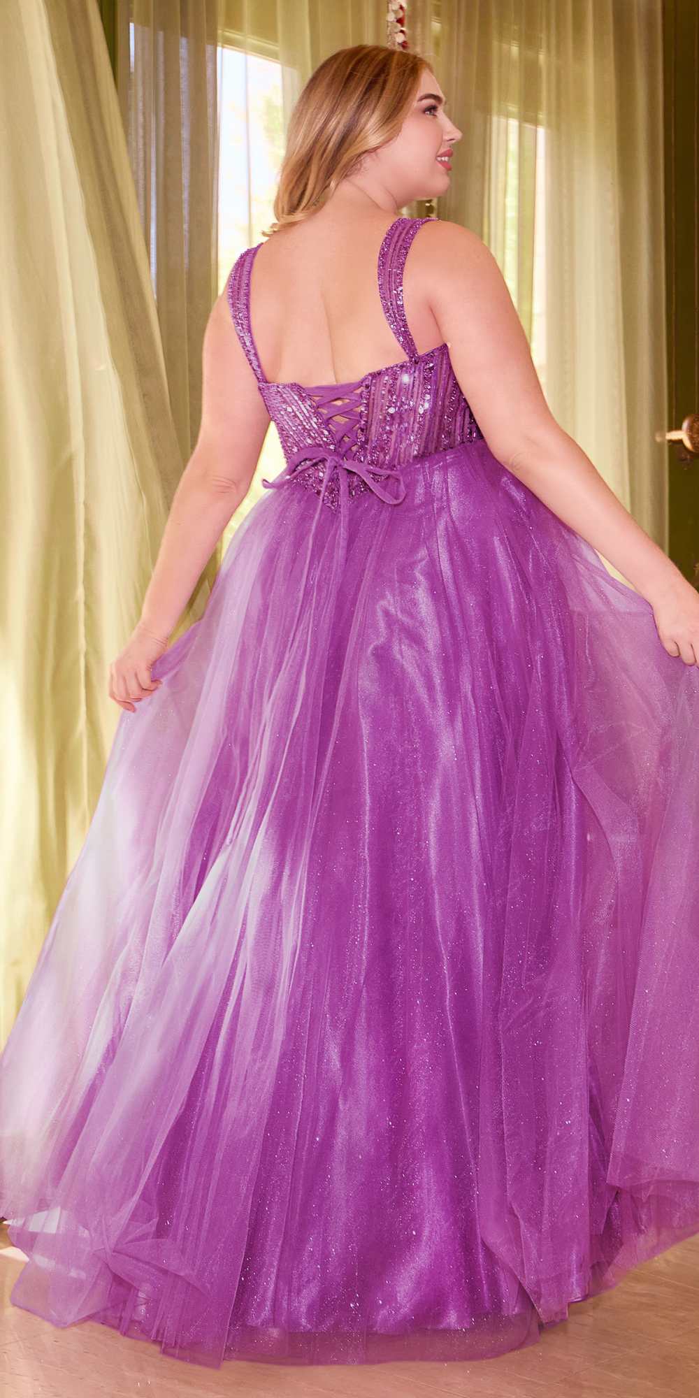 Long back view sequin bodice dress with thin straps and A-line glitter tulle skirt, purple