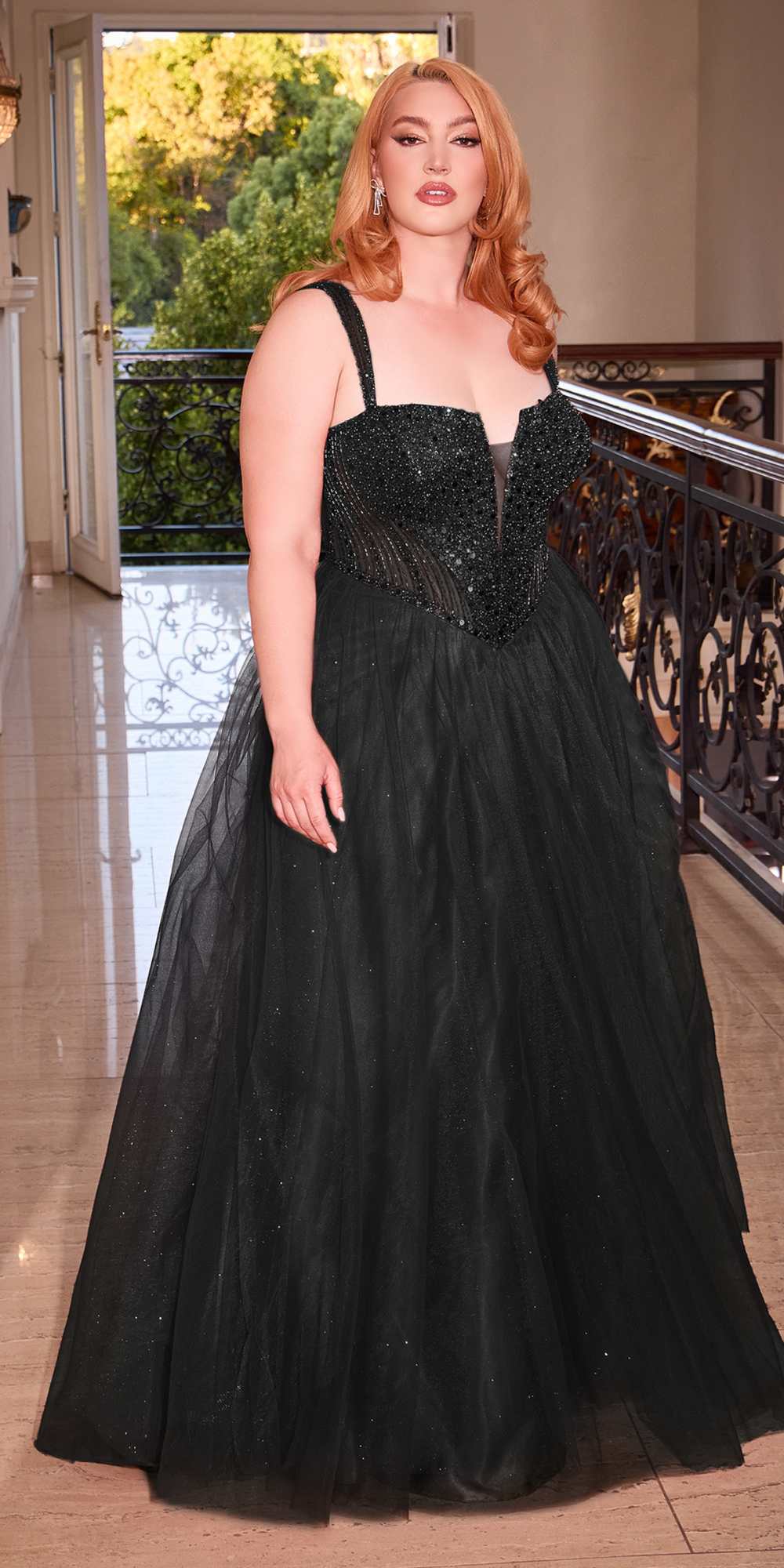 Long sleeveless sequin bodice tulle skirt dress, black with sparkling texture