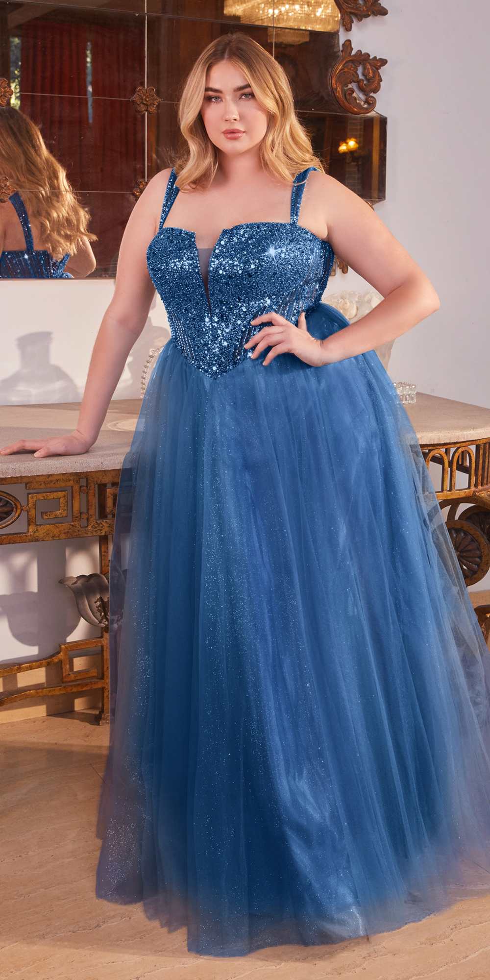 Blue sequin A-line tulle dress with spaghetti straps and fitted glitter bodice
