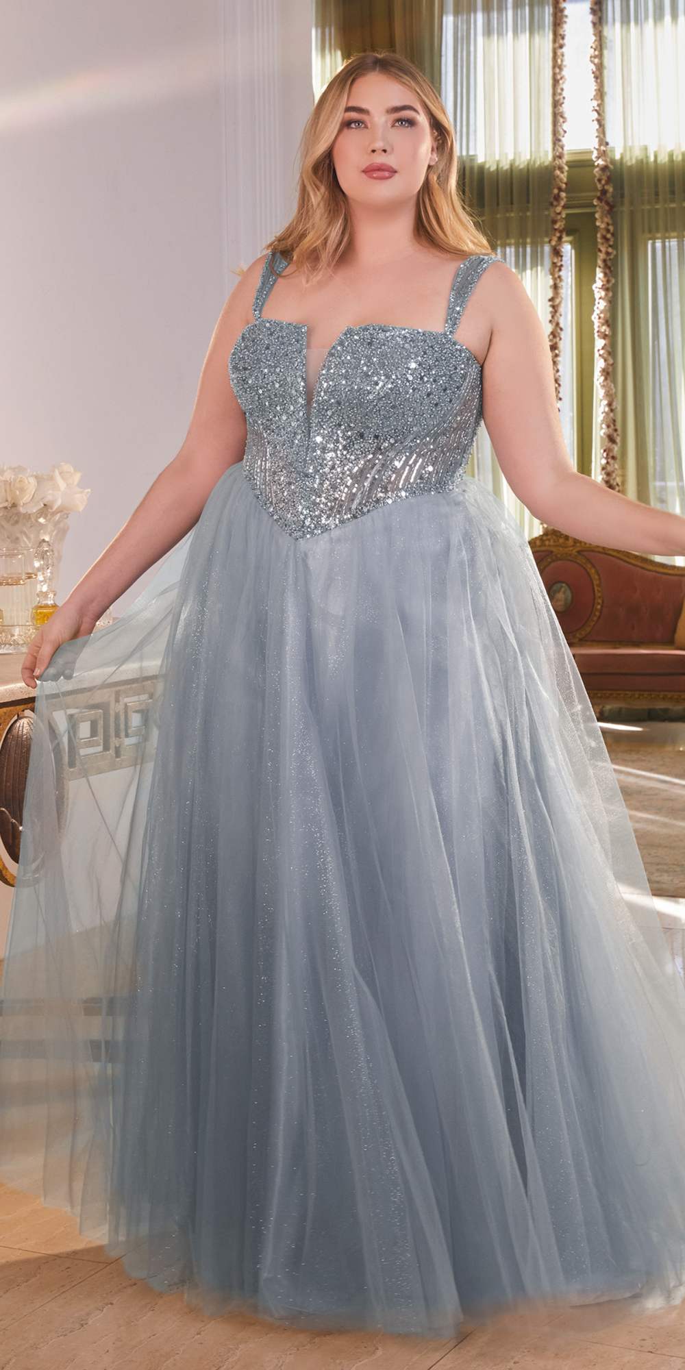Long sleeveless sequin corset bodice tulle skirt dress, light blue-gray