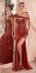 Sienna sequin strapless gown with thigh-high slit and draped off-shoulder sash