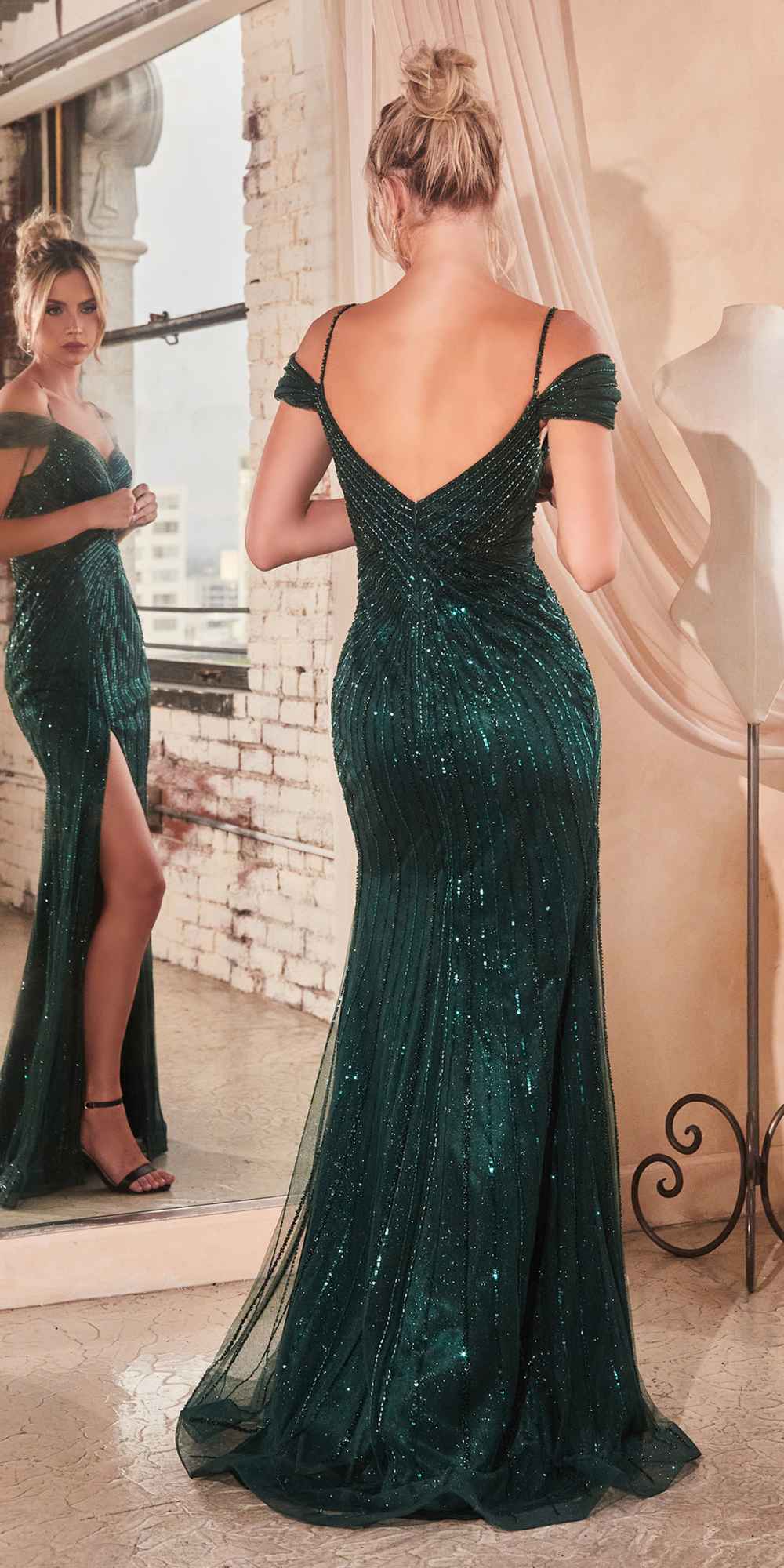 Back view emerald green sequin gown with off-shoulder neckline and open back