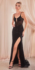 Black sequin fitted gown with spaghetti straps and thigh-high slit