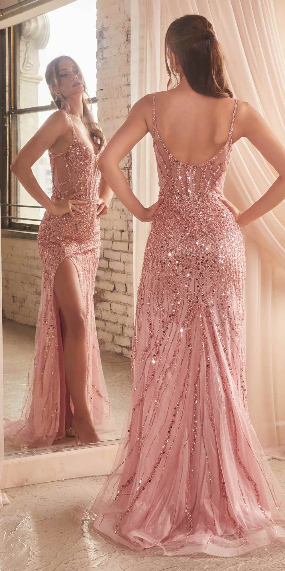 Rose pink sequin formal gown with open-back design and thigh-high slit, fitted silhouette