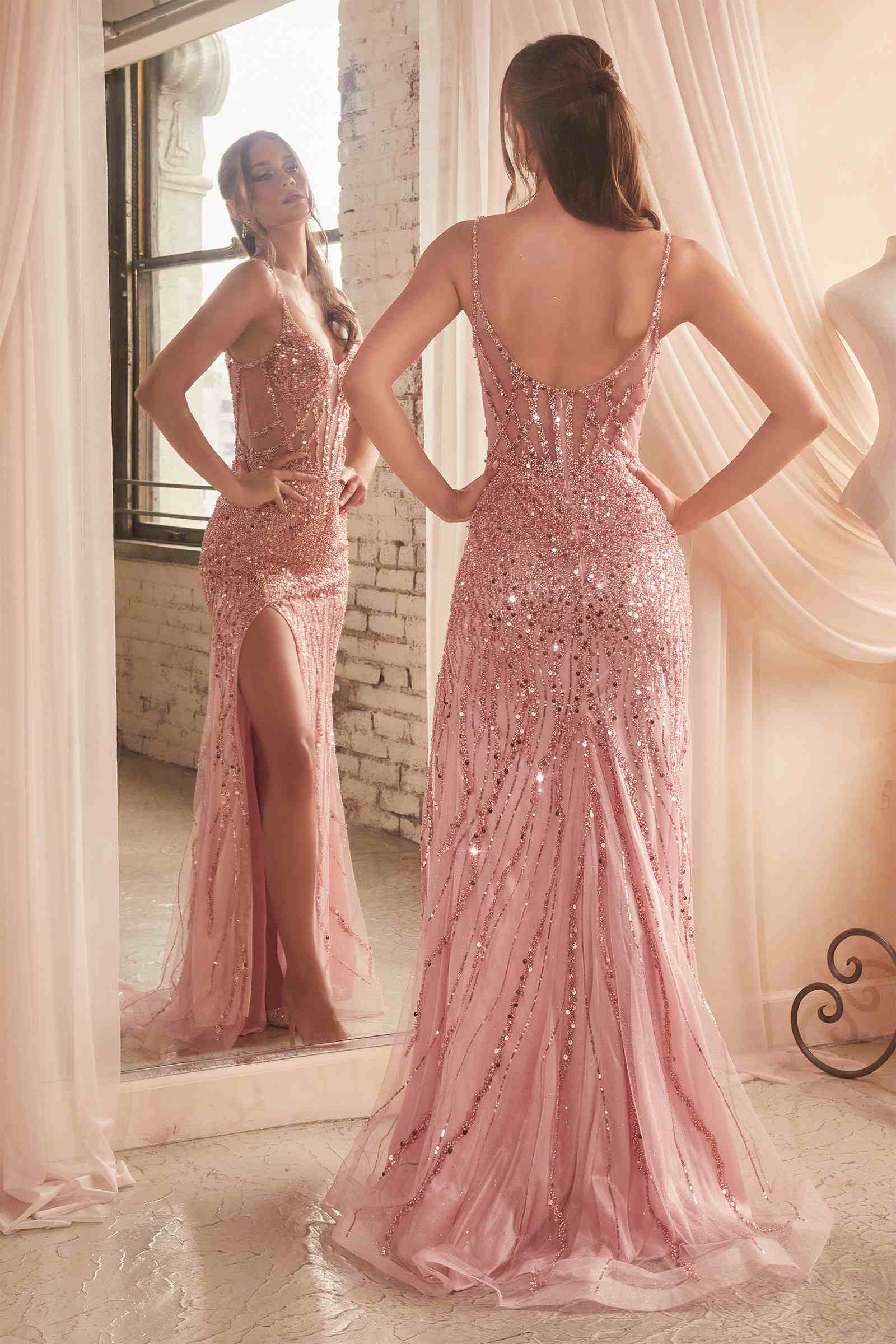 Rose sequin fitted gown with open back, long train, and thigh slit