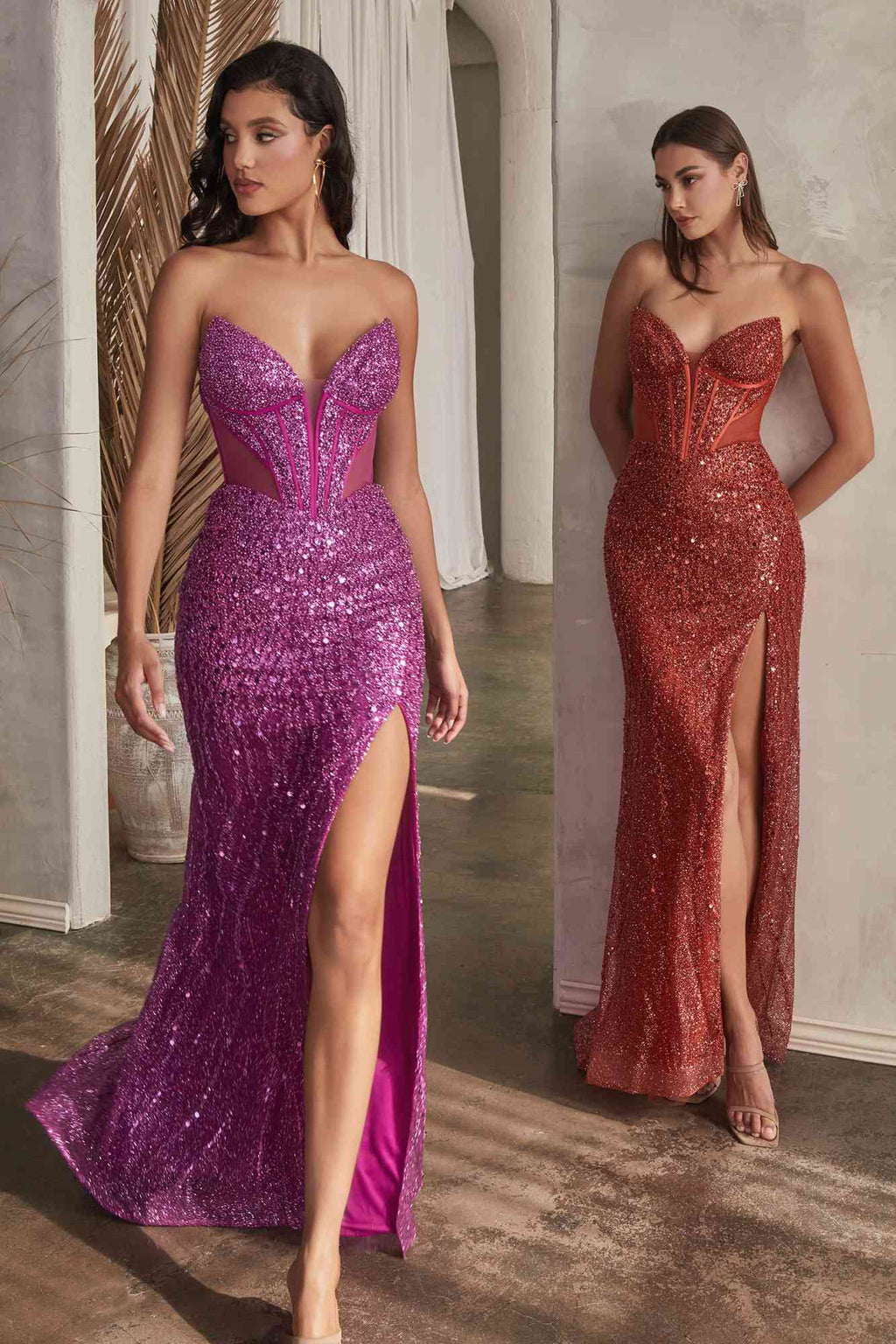Purple strapless beaded formal gown with sweetheart neckline and thigh slit
