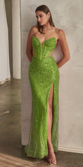 Greenery strapless embellished beaded formal gown with deep V bodice and thigh-high slit