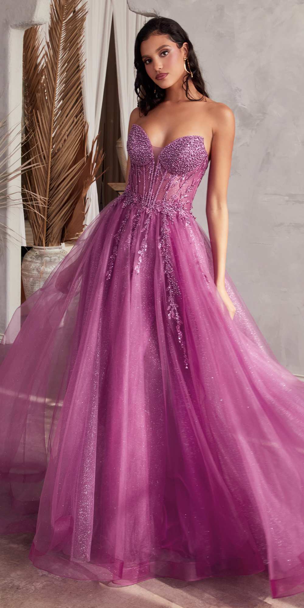 Amethyst strapless ballgown with beaded bodice, layered tulle skirt, and leg slit