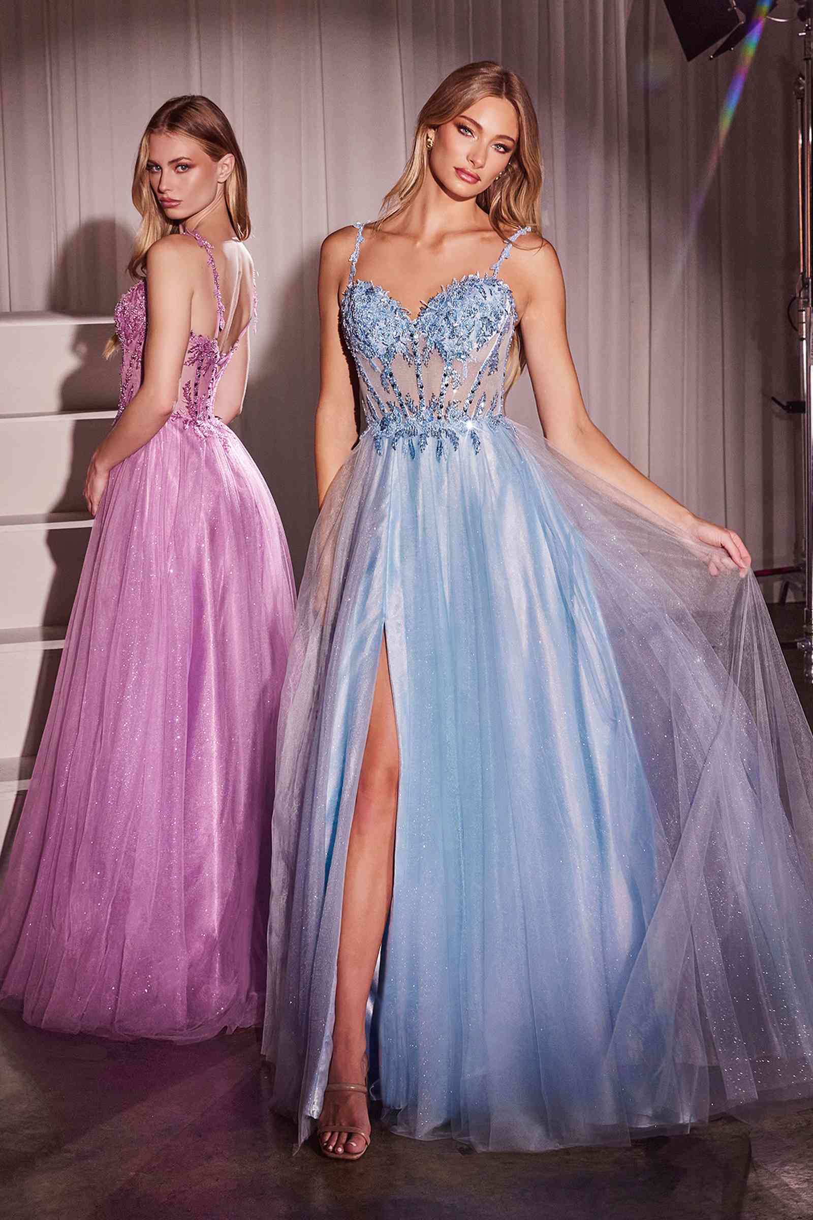 Light blue and purple lace tulle A-line ball gowns with sweetheart bodice and side slits