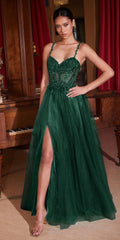 Long A-line ball gown with beaded lace bodice, spaghetti straps, and emerald tulle skirt