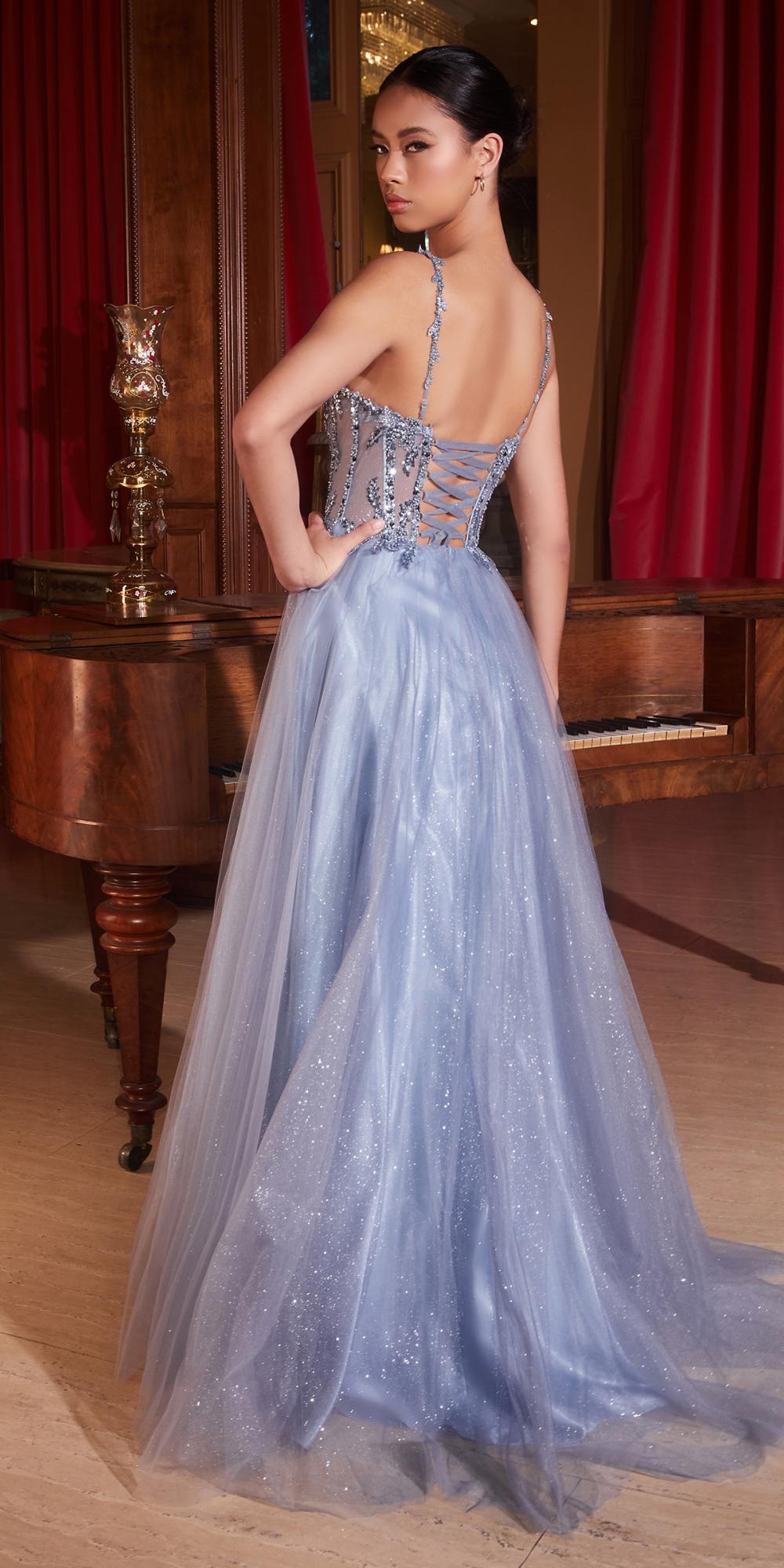 Light blue lace and tulle A-line ball gown with open back, beaded straps, flowing skirt