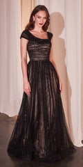 Beaded off-shoulder A-line gown, black with glittering sequins and fitted bodice