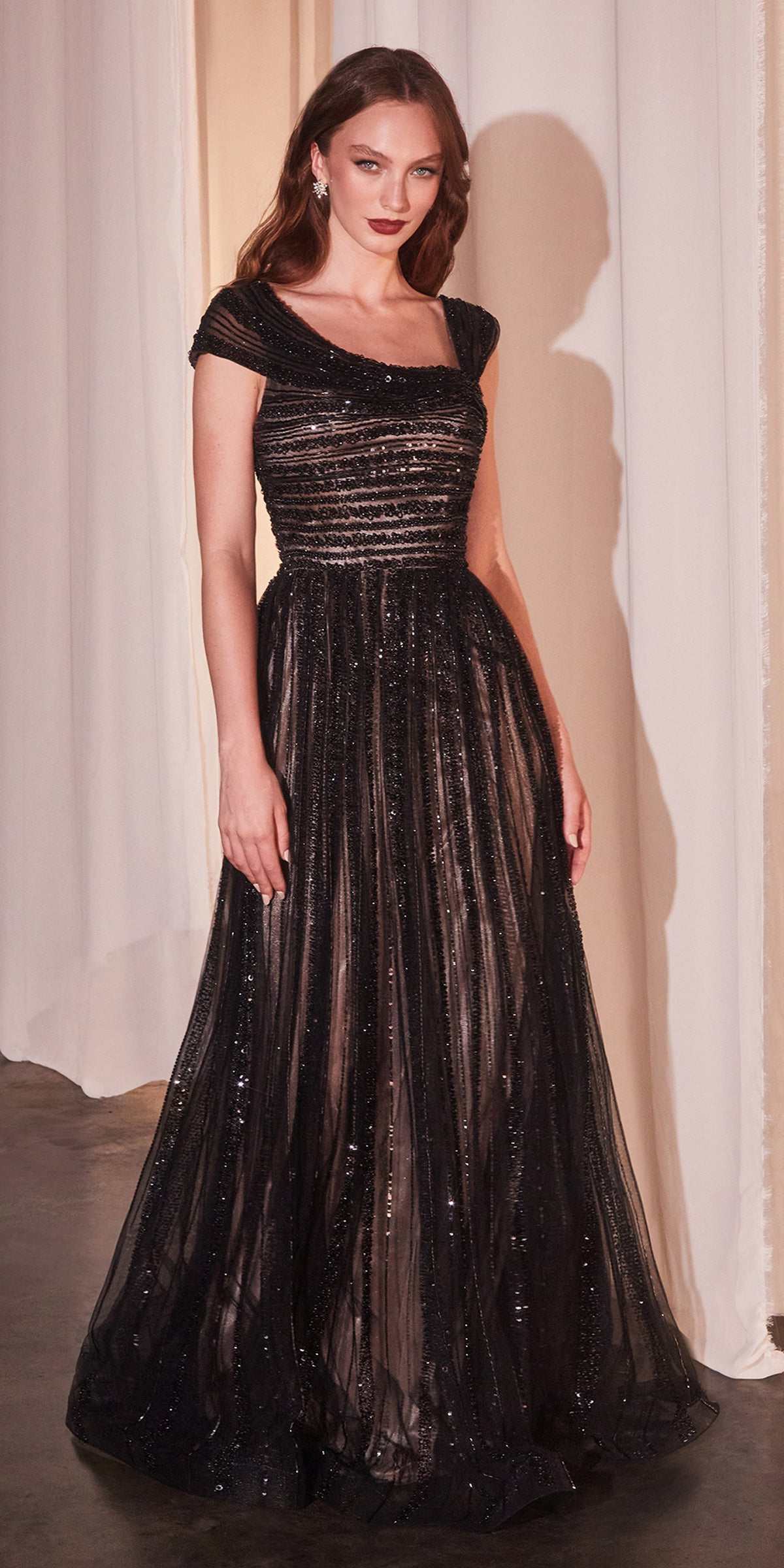 Beaded off-shoulder A-line gown, black with glittering sequins and fitted bodice