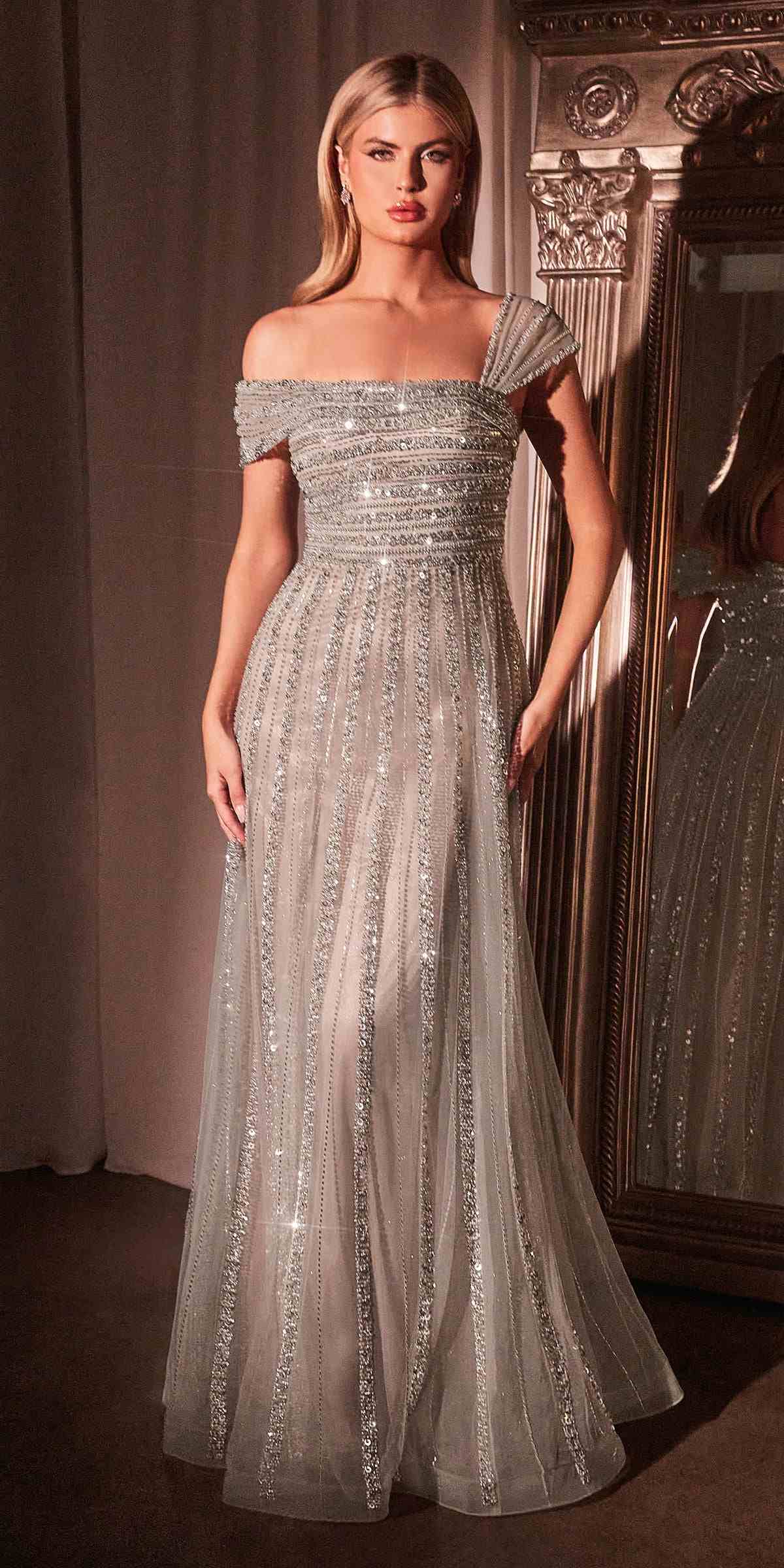 Nude off-shoulder beaded A-line gown with fitted bodice and full skirt