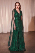 Emerald green beaded long-sleeve sheath gown with V-neck and fringe sequin cape