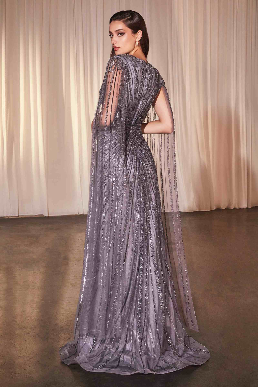 Silver beaded long-sleeve sheath gown from back, V-neck, sheer cape sleeves