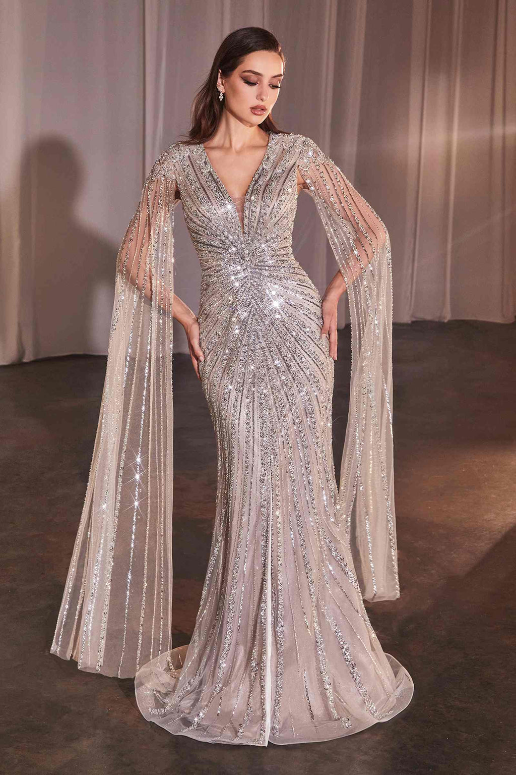 Silver beaded long-sleeve sheath gown with V-neck and draped cape sleeves