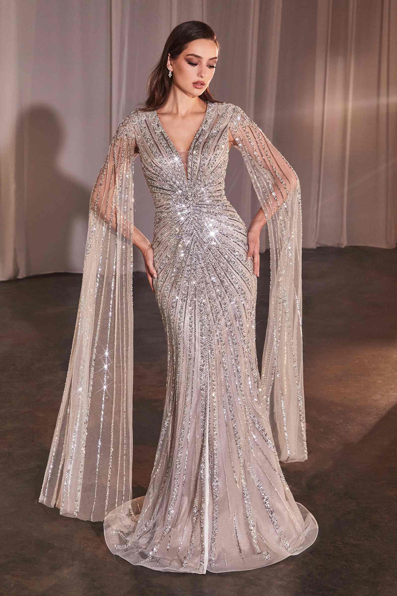 Silver beaded long-sleeve sheath gown with V-neck and draped cape sleeves