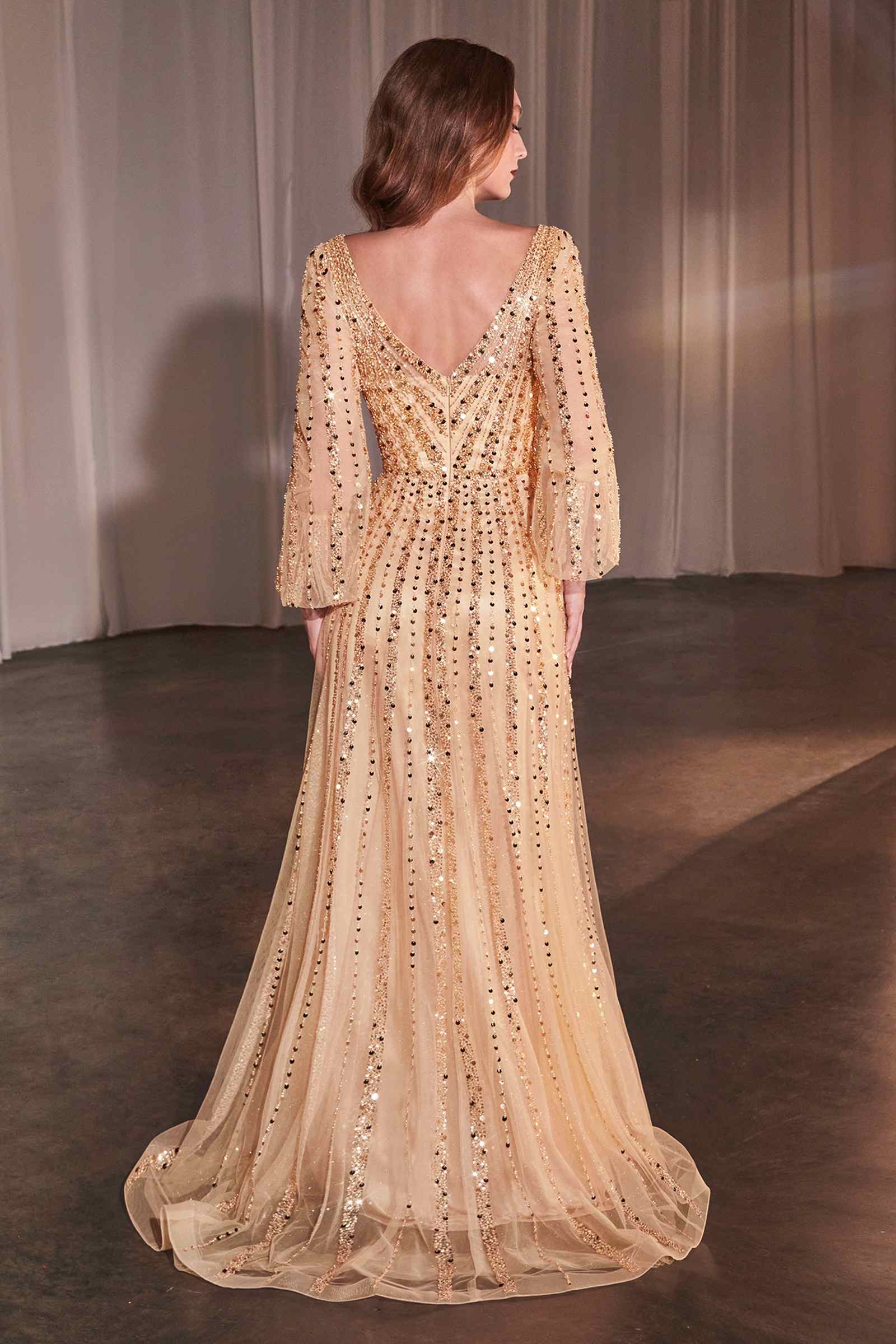 Back view champagne gold long-sleeve sequin beaded A-line gown with V-back