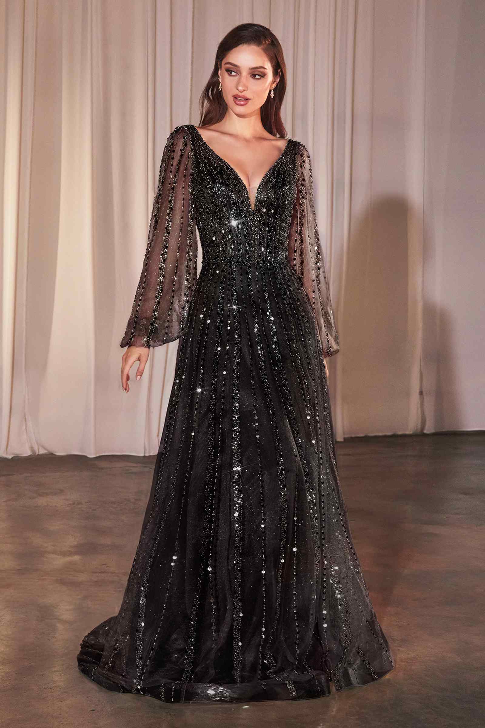 Black long-sleeve A-line sequin beaded gown with V-neck