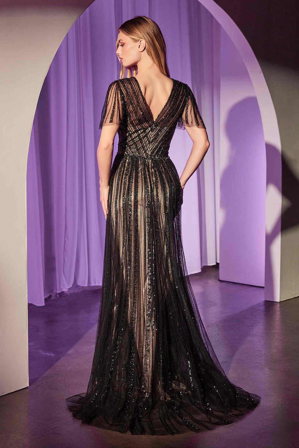 Sequin embellished A-line dress, black V-neck with short sheer sleeves