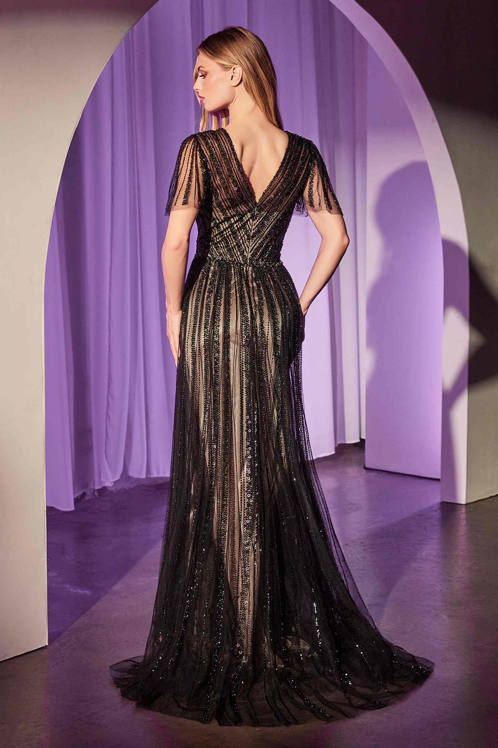 Sequin embellished A-line dress, black V-neck with short sheer sleeves