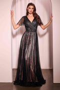 Sequin embellished A-line dress, dark V-neck with short sheer sleeves