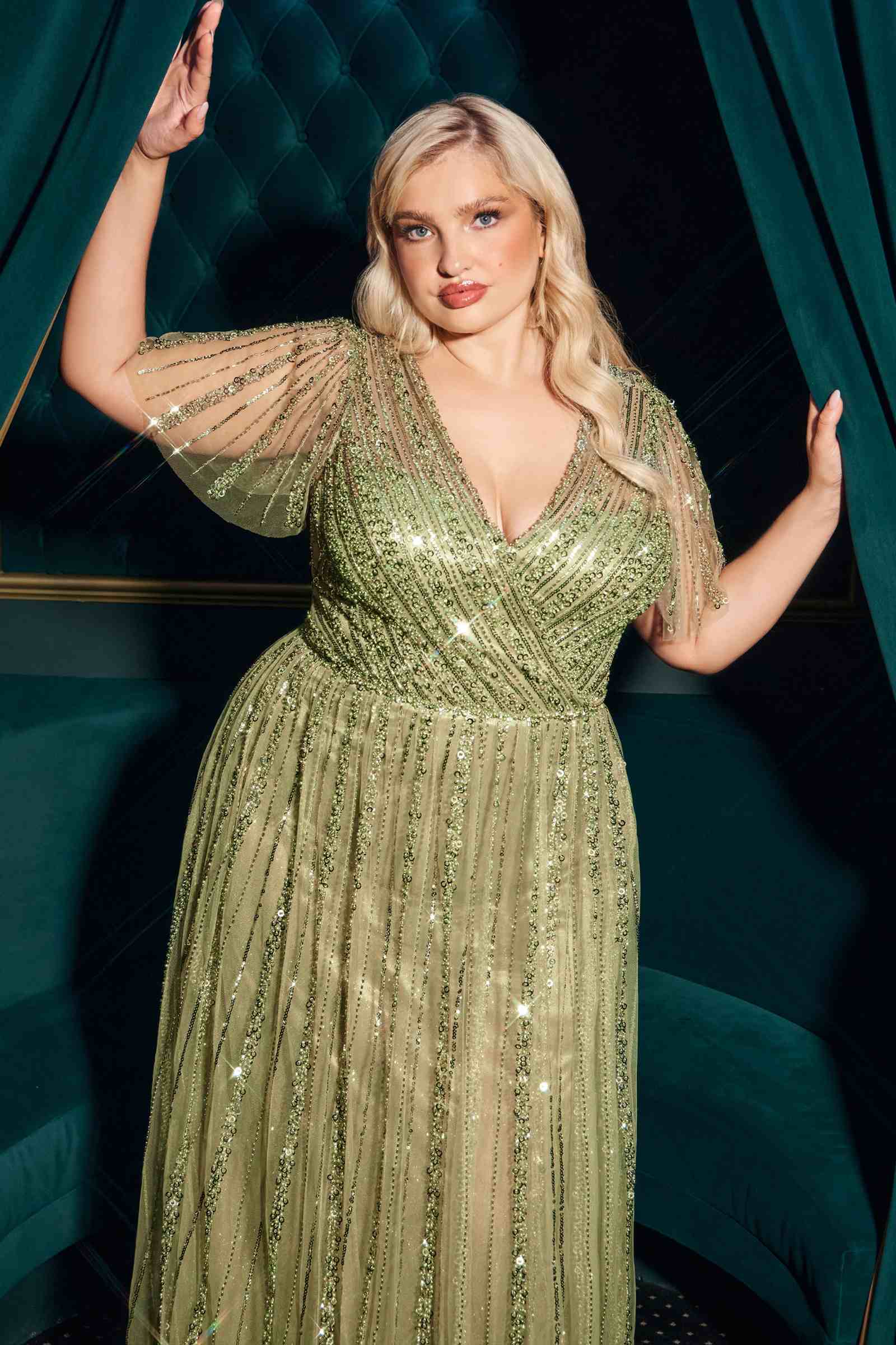 Sequin embellished A-line dress, green V-neck with short sheer sleeves
