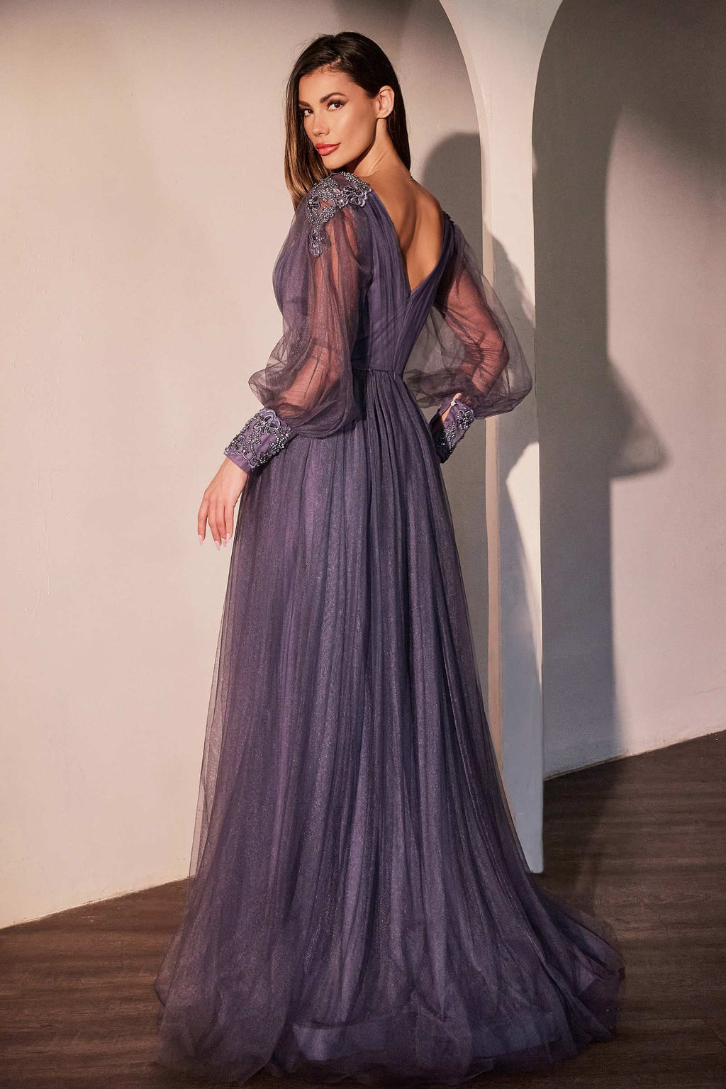 Smokey violet A-line mother-of-bride dress with long puff sleeves, lace bodice