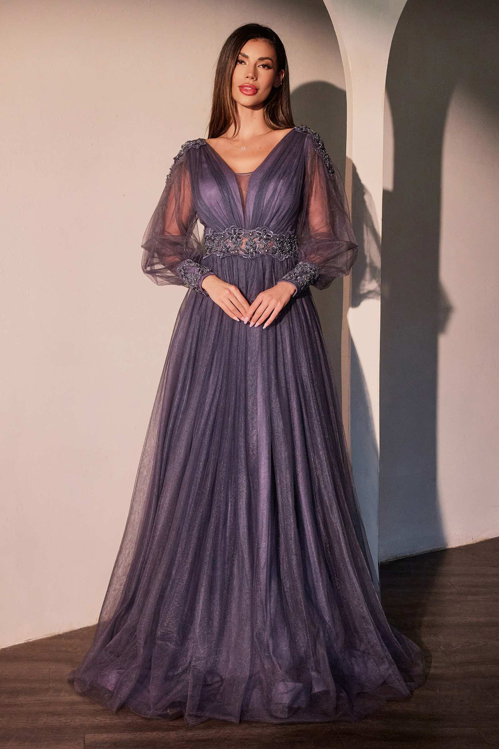 Smokey violet A-line mother-of-bride dress with sheer long sleeves and beaded waist