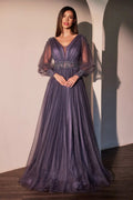 Smokey violet A-line mother-of-bride dress with sheer long sleeves and beaded waist